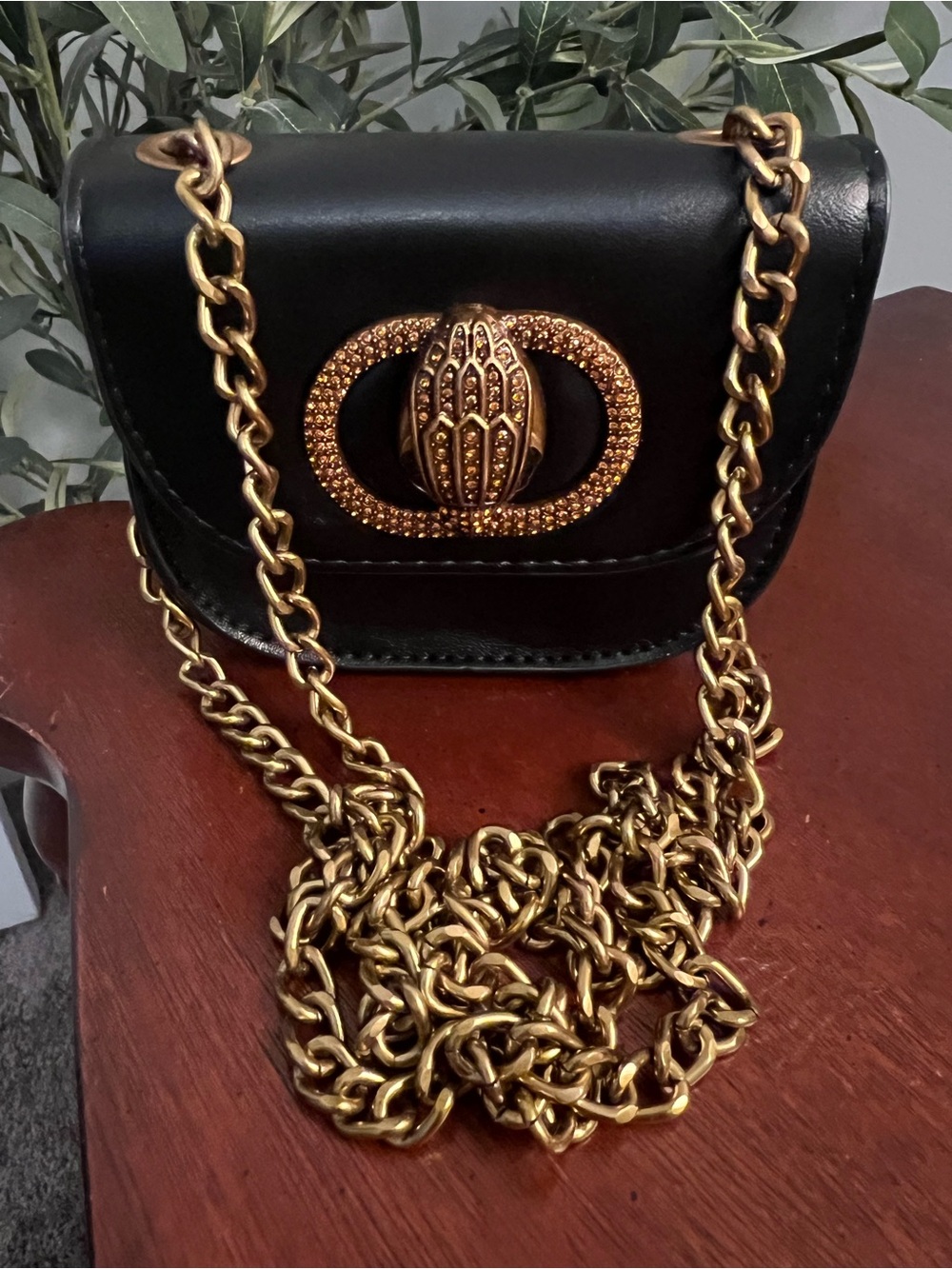 Kurt Geiger Black Leather Crossbody with Gold Chain & Iconic Gold Emblem